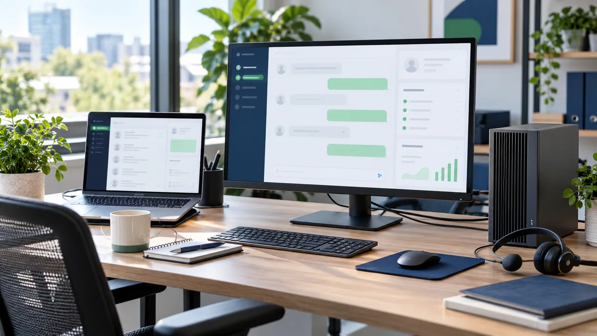 Hibrit yapay zekâ müşteri desteğini temsil eden mesajlaşma ekranları ve yerel workstation; gerçek müşteri kurulumunun fotoğrafı değildir