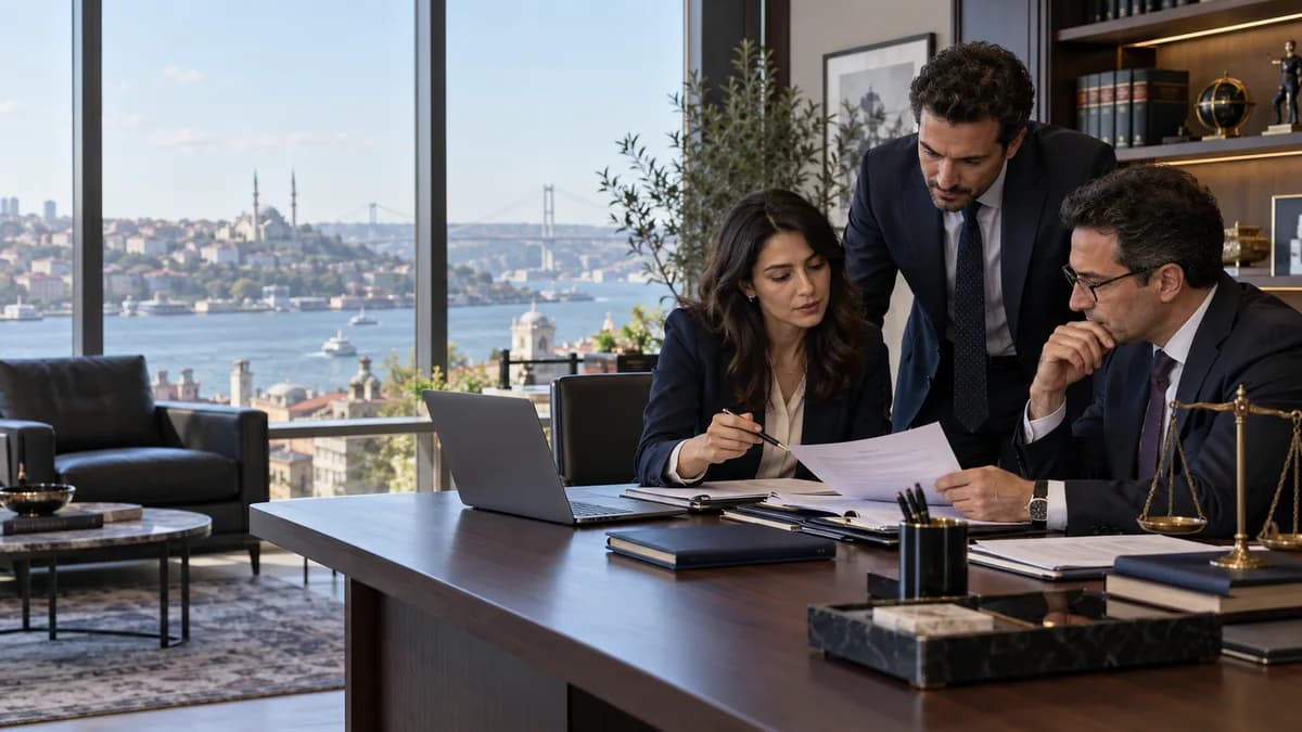 Sözleşme ve dizüstü bilgisayar üzerinde çalışan hukuk ekibinin temsili ofis görseli