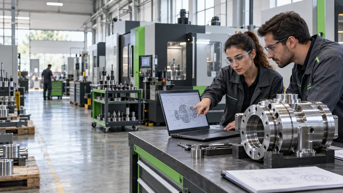 Makine imalat tesisinde teknik dokümanları inceleyen mühendislerin temsili görseli